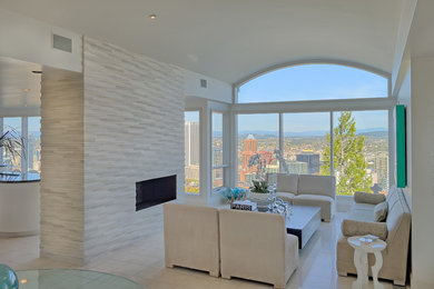 Living room - large modern formal and open concept marble floor living room idea in Portland with white walls, a ribbon fireplace, a stone fireplace and no tv
