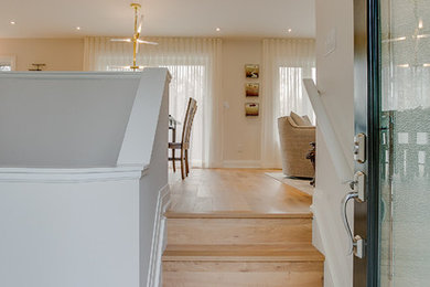 Entryway - small transitional limestone floor and multicolored floor entryway idea in Toronto with white walls and a glass front door