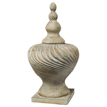 Benzara BM285565 22" Lidded Vase With Turned Finial & Swirl Pattern, White