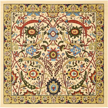 Country and Floral Kashan 8' Square Creme Area Rug