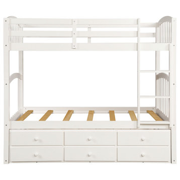Gewnee Twin Bunk Bed with Ladder, Safety Rail, Twin Trundle Bed in White