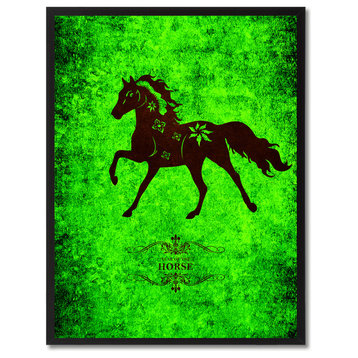 Horse Chinese Zodiac Green Print on Canvas with Picture Frame, 13"x17"
