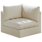 Meridian Furniture - Jacob Velvet Upholstered Modular Corner Chair, Cream - Create the ideal seating arrangement for your space when you pick and choose the elements you like mostincluding this Jacob velvet modular corner chair. Mix and match items in the Jacob collection to bring your living space or family room together with a personalized slant. Soft cream velvet upholstery is soft and welcoming to the touch, adding a luxurious feel to everyday seating. Deep channel tufting adds to the piece's durability, and latches underneath the unit make it easy to attach to other pieces in the collection.