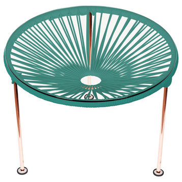 Zicatela Indoor/Outdoor Handmade Side Table, Turquoise Weave, Copper Frame