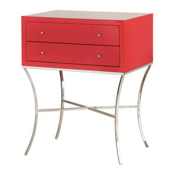 Worlds Away Elena Two Drawer Nightstand, Nickel Red Lacquer - Kitchen Cabinetry