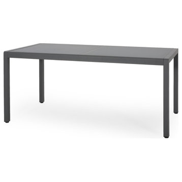 GDF Studio Coral Bay Outdoor Gray Aluminum Dining Table With Tempered Glass Top, Gun Metal Gray