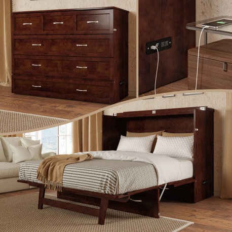AFI Deerfield Full Solid Wood Modern Murphy Bed Chest with Mattress in Walnut