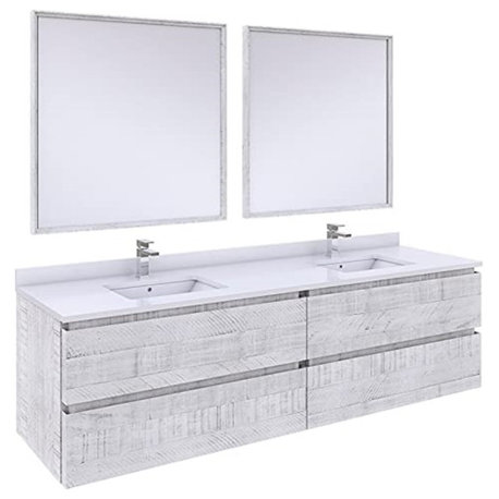 72" Wall Hung Double Sink Modern Bathroom Vanity With Mirrors In Rustic White