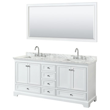 Deborah 72" White DBL Vanity, Carrara Marble Top, Square Sinks, 70" Mirror