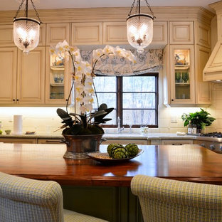 Large traditional kitchen pantry pictures - Kitchen pantry - large traditional u-shaped terra-cotta floor kitchen pantry idea in San Diego with an undermount sink, glass-front cabinets, distressed cabinets, quartz countertops, white backsplash, ceramic backsplash, stainless steel appliances and an island