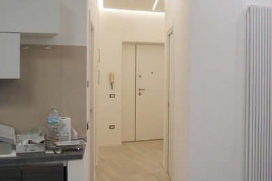 他の地域にある小さなコンテンポラリースタイルのおしゃれな玄関ロビー (白い壁、磁器タイルの床、白いドア、グレーの床) の写真