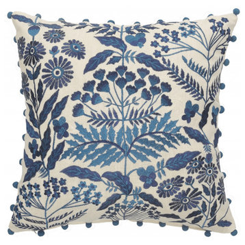 20" X 20" Navy And Off-White 100% Cotton Floral Zippered Pillow