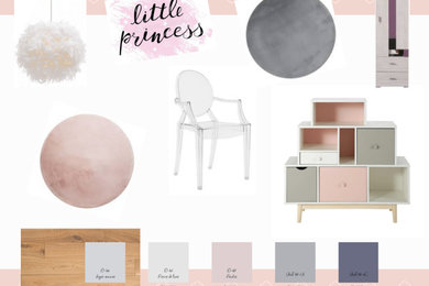 リールにある低価格の小さなトラディショナルスタイルのおしゃれな子供部屋 (ピンクの壁、ラミネートの床、児童向け、茶色い床) の写真