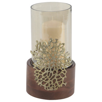 Coastal 12"x6" Wood, Glass and Metal Coral Candle Holder