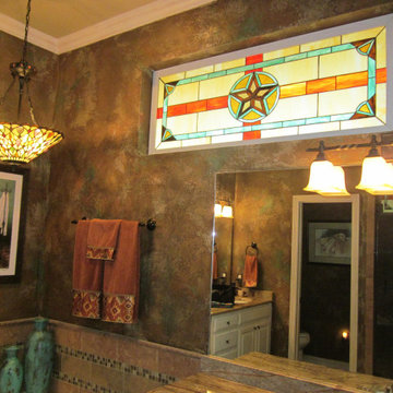 Texas themed stained glass transom for bathroom