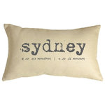 Pillow Decor Ltd. - Pillow Decor - Sydney Coordinates 12 x 20 Throw Pillow - Sydney and its geographic coordinates are printed across this throw pillow in an old typewriter typeset. Unlike our Northern hemisphere city coordinate pillows, the Sydney coordinates are purposefully printed upside down making them easier for our upside down friends to read, no matter where they live. The gray-taupe font contrasts nicely against the natural cream linen fabric giving the pillow a beautiful vintage look and feel. The Sydney Coordinates Pillow is a perfect size for a stand alone chair in a den, office, or living room and would make a perfect gift for that special Ozzie friend.