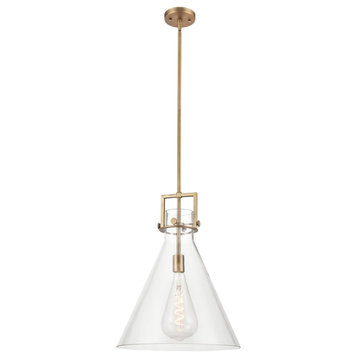 Newton Cone 1 Light 16" Stem Pendant, Brushed Brass, Clear Glass