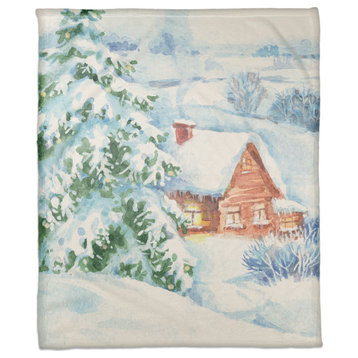 Watercolor Winter Cabin 50x60 Coral Fleece Blanket
