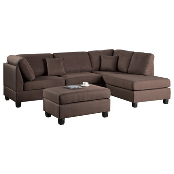 Pistoia 3 Pieces Sectional Sofa with Ottoman Upholstered in Chocolate Fabric