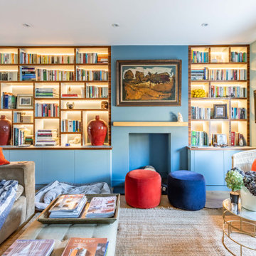 Eclectic Contemporary Living Room with Bespoke Blue Built-Ins | Cheltenham