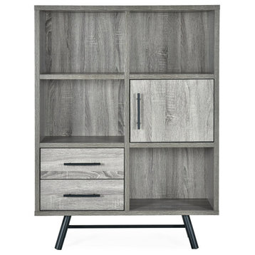 Unique Bookcase, Open Cubbies With Drawers & Cabinet, Brown Oak