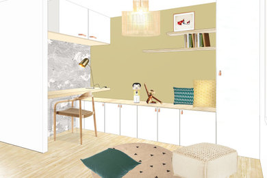 Réalisation d'un petit bureau nordique avec une bibliothèque ou un coin lecture, un mur jaune, parquet clair, un bureau intégré, un sol beige et du papier peint.
