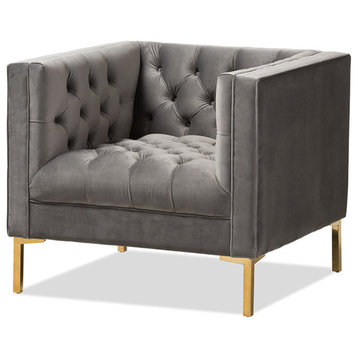 Zanetta Luxe and Glamour Gray Velvet Upholstered Gold Finished Lounge Chair