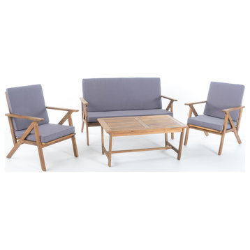 GDF Studio 4-Piece Manarola Outdoor Natural Wood Finish Chat Set With Cushions