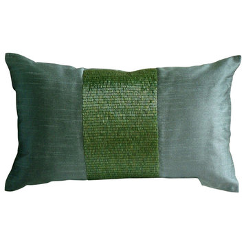 Green Metallic Beaded 12"x16" Silk Lumbar Pillow Cover, Green Center