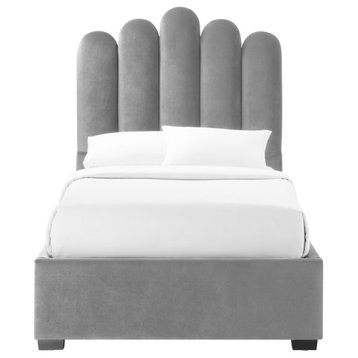 Inspired Home Monty Bed, Velvet Upholstered Scalloped Headboard, Grey, Twin Xl