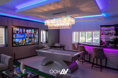 Design ideas for a medium sized modern enclosed games room in Essex with a game room, a wall mounted tv and a coffered ceiling.