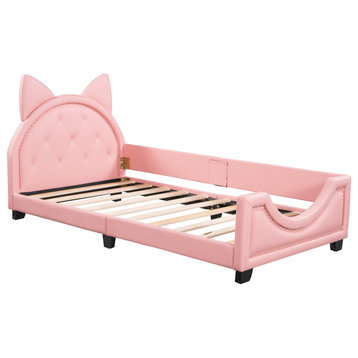 Gewnee Twin Upholstered PU Leather Daybeds with Headboard,Pink