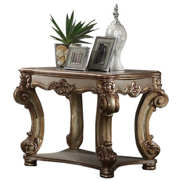 Wooden End Table with Bottom Shelf, Gold Patina