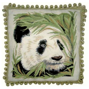 Grosspoint Panda Eating Bamboo Needlepoint Pillow