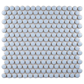 JAPM White Glazed Polished Penny Round Porcelain Mosaic Tile, Blue