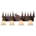 Vaxcel - Bryce Bronze Rustic Bathroom Wall Fixture, Moose, 4-Light - Evoking the spirit of the wilderness, this rustic themed light is clad in a burnished bronze finish and features silhouetted moose imagery atop glowing amber flake glass. It is a great choice for a vacation lodge, cabin or suburban home and will complement a variety of home styles: anywhere you want to bring an element of nature. This bathroom light is perfect over large or double vanities where there is only one outlet box. The full back plate creates the perfect solution to any space where a larger back plate is needed.