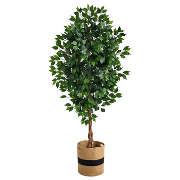6' Ficus Artificial Tree With Natural Trunk, Handmade Natural Cotton Planter