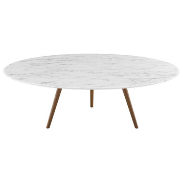 Lippa 47" Round Artificial Marble Coffee Table With Tripod Base, Walnut White