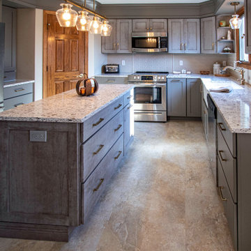 2 Tone Gray Kitchen with Quartz Countertop and Crackle Tile Backsplash