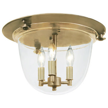 Classic Flush Mount Bell Lantern With Clear Glass, Rubbed Brass