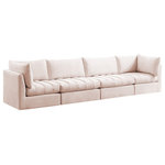 Meridian Furniture - Jacob Velvet Upholstered 4-Piece Modular Sofa, Pink - Create the ideal seating arrangement for your space when you pick and choose the elements you like mostincluding this Jacob velvet modular sofa. Mix and match items in the Jacob collection to bring your living space or family room together with a personalized slant. Soft pink velvet upholstery is soft and welcoming to the touch, adding a luxurious feel to everyday seating. Deep channel tufting adds to the piece's durability, and latches underneath the unit make it easy to attach to other pieces in the collection.
