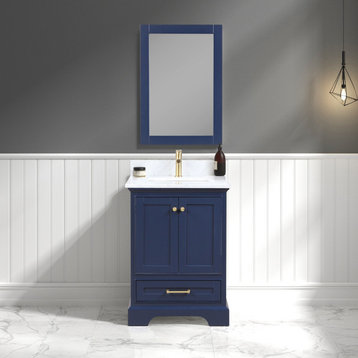 Bath Vanity, Marble Top, Blue, 24'' With Sink, Mirror