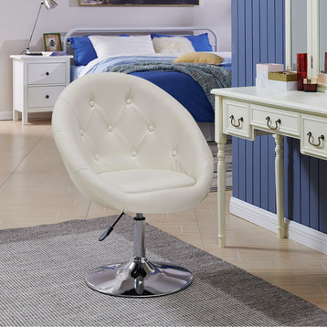 Button Tufted Swivel PU Leather Papasan Chair, White