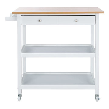Contemporary Kitchen Cart, Drawer and 2 Open Shelves, Natural and White