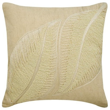 Beige Pillow Cover, Pearl and Floral Leaf 16"x16" Linen, Pearl Dazzle