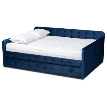 Bowery Hill Transitional Velvet Upholstered Full Size Daybed w/ Trundle in Blue