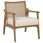 OSP Home Furnishings - Alania Armchair, Linen Coastal Wash - The timeless and serene look of the Alaina Armchair's Transitional style will enhance any decor. Rustic, solid wood frame, natural finish and deeply padded seating ensure a durability and comfort. The softly curved cane back provides visual interest and texture to distinguish your living room, family room or reading nook.