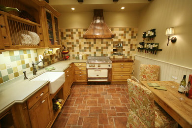 Kitchen - transitional kitchen idea in Chicago with a farmhouse sink, medium tone wood cabinets, concrete countertops, multicolored backsplash, ceramic backsplash and no island