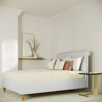 In My Dreams: Empire Scroll Bed in Blanc Box Weave Linen
