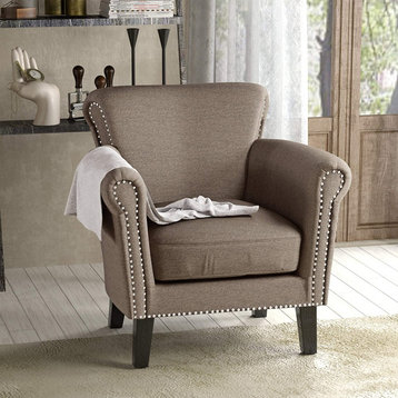 Transitional Armchair, Padded Seat With Scrolled Back and Arms, Light Coffee
